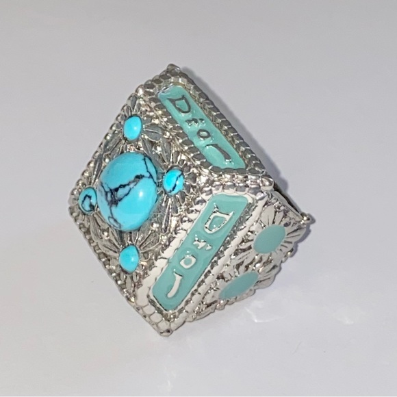 VTG Christian Dior Silver Metal Turquoise Gemstone Logo Nameplate Princess Ring - Picture 3 of 15